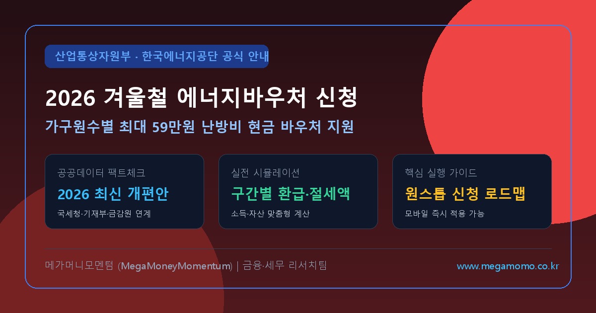 2026년 겨울철 에너지바우처 신청 자격 및 가구원수별 최대 59만원 지원금: 도시가스·연탄·등유 실물카드 발급 총정리 (최신)